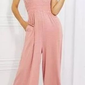 ZENANA SMOCKED-BODICE SHOULDER STRAP JUMPSUIT